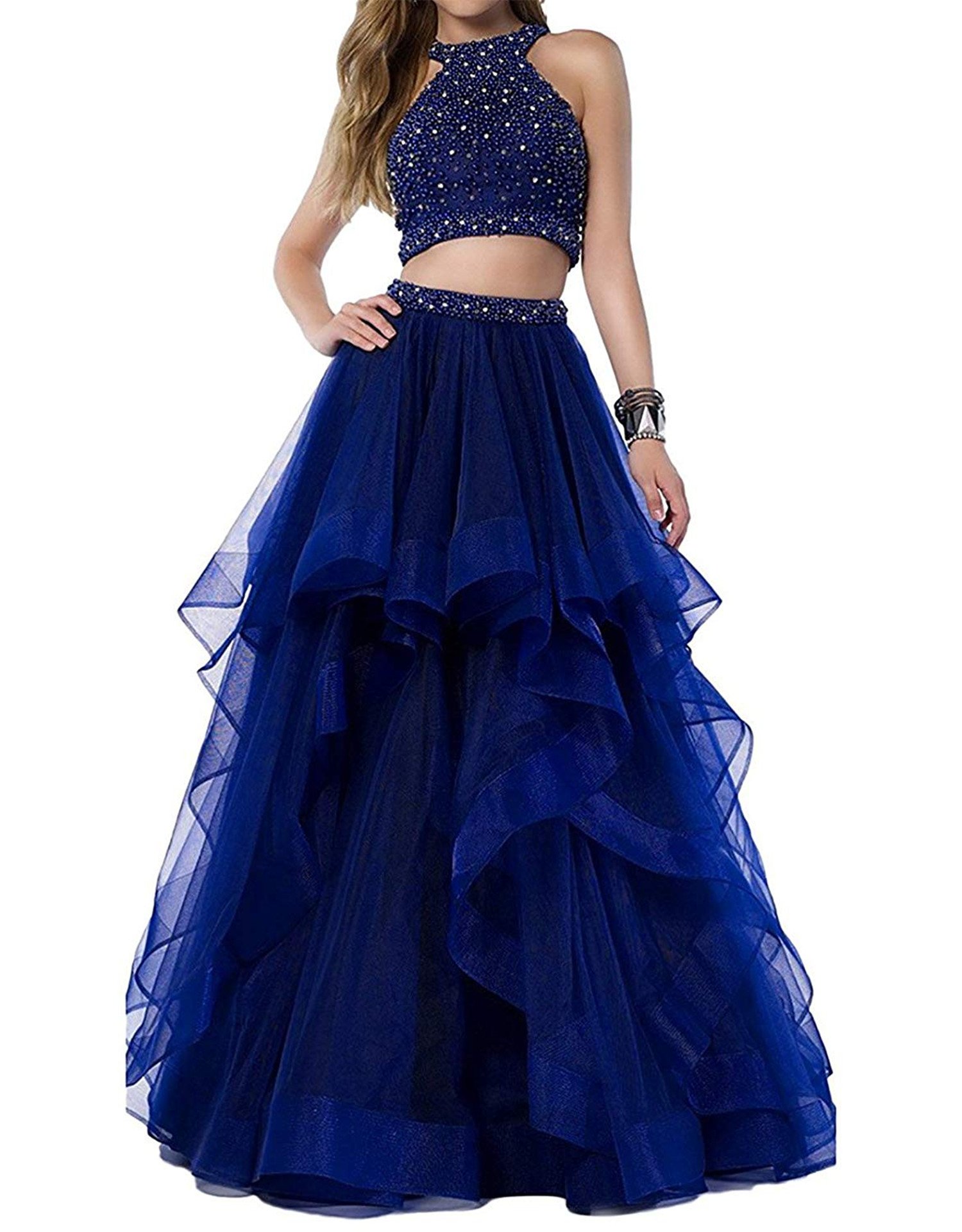 WHZZ Beaded Two Piece Prom Dresses Tiered Tulle Evening Formal Party Dresses Gowns WHZZ274 Royal
