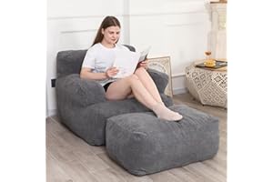 LOVMOC Bean Bag Sofa Chair with Ottoman, Giant Bean Bag Chair for Adults, Comfy Reading Chair with a Throw Pillow for Dorm Room, Living Room, Bedroom (Grey)