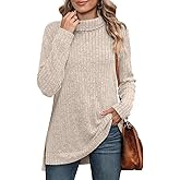 WIHOLL Womens Tunic Tops Turtleneck Long Sleeve Shirts Oversized Fall Sweaters Side Split High Low Hemline