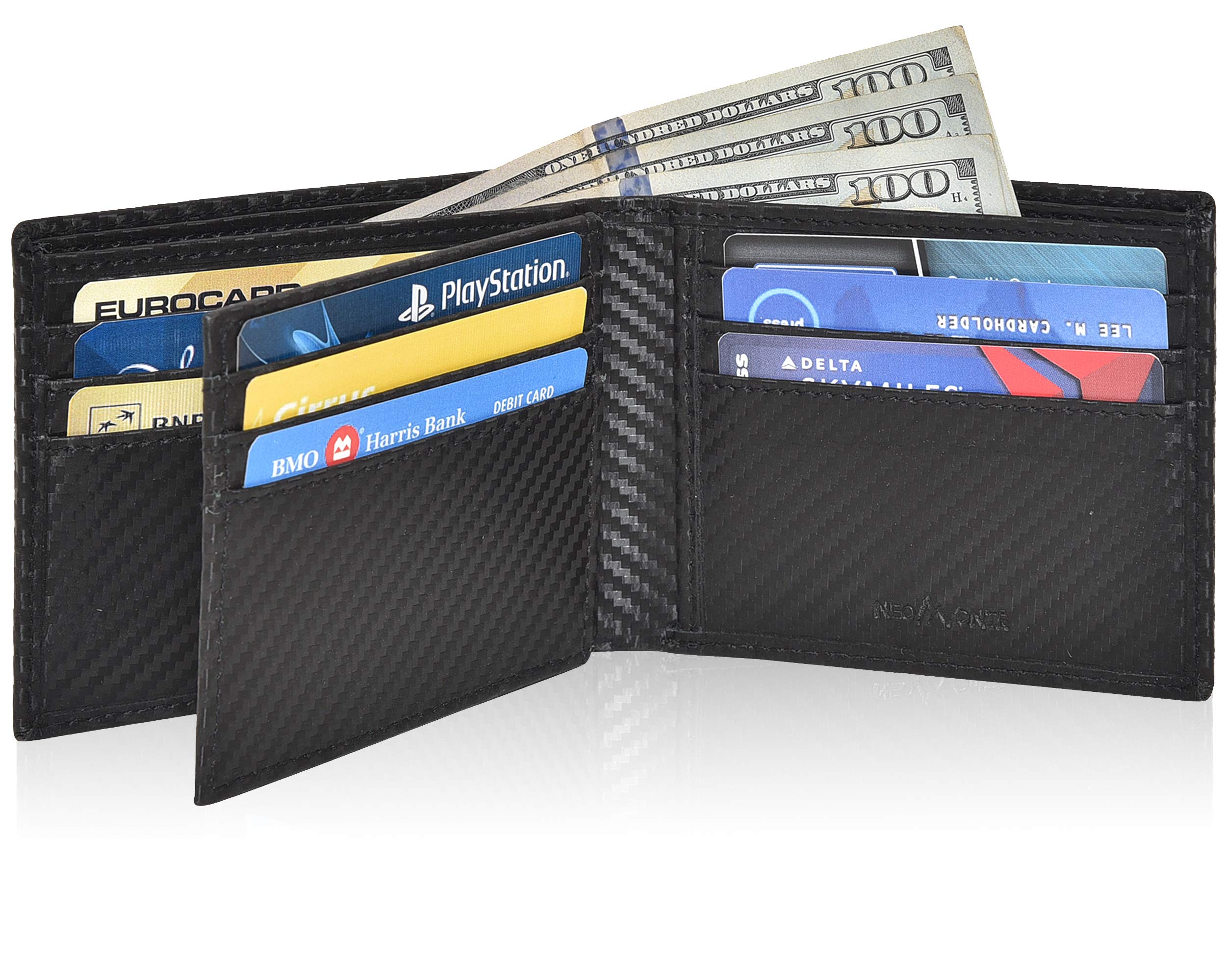 NeoMonte Handmade RFID Leather Bifold Wallets for Men in Multiple Colors offering 9 Cards and 1 ID Slots, Black Carbon, S, Genuine Leather Bi Fold Minimalist Wallet with RFID Protection