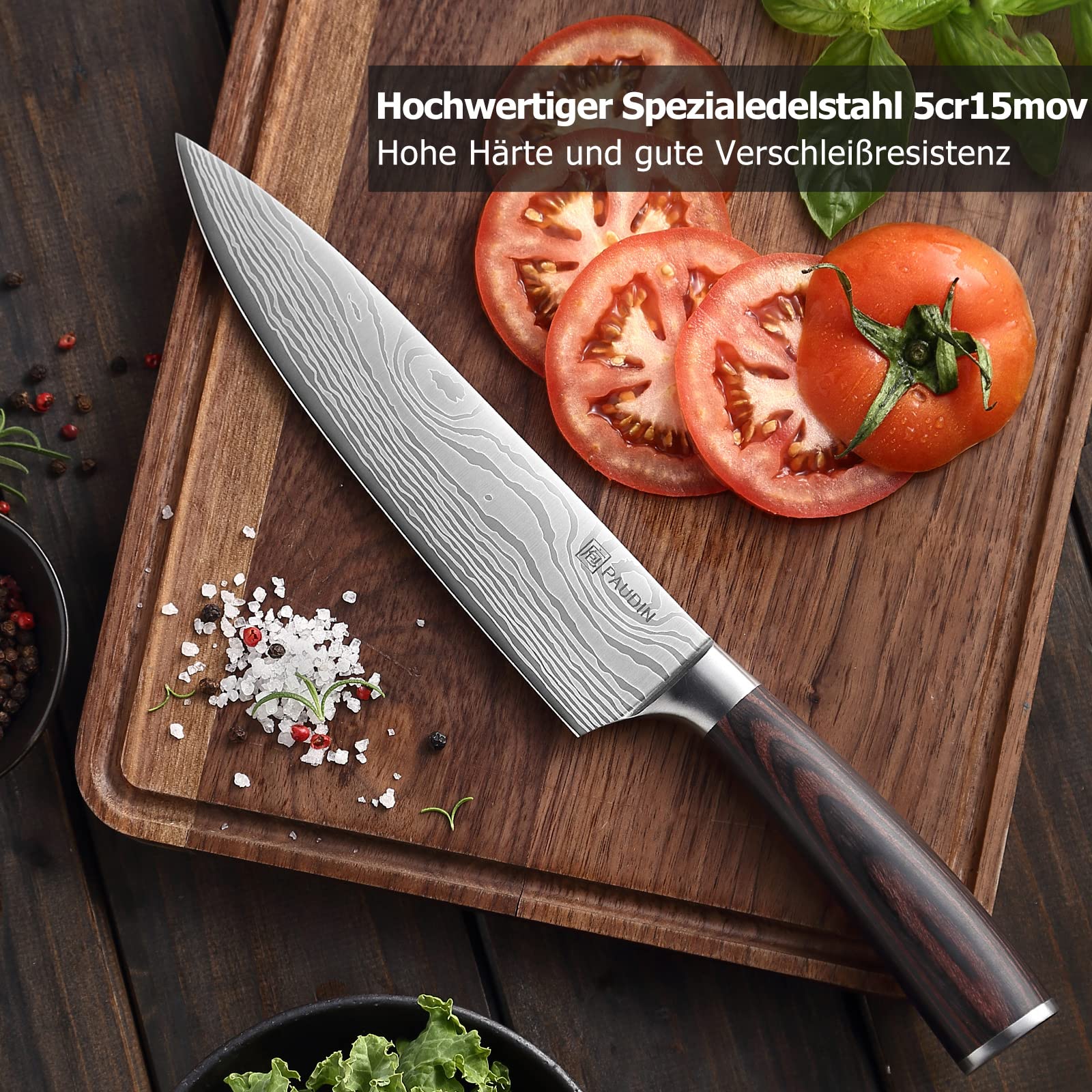 PAUDIN Kochmesser, Klingenlänge 20 cm Profi Küchenmesser Messer Chefmesser Allzweckmesser aus hochwertigem Carbon Edelstahl, Extra Scharfe Messerklinge mit ergonomischem Griff 9