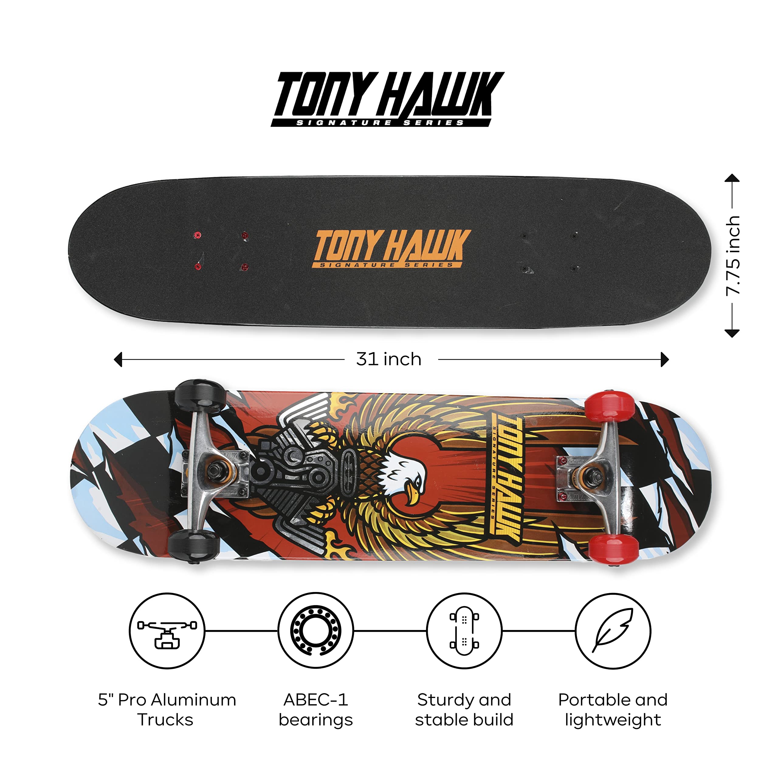 Tony Hawk 31 inch Skateboard, Tony Hawk Signature Series 3, Metallic Graphics & 9-ply Maple Deck Skateboard for Cruising, Carving, Tricks and Downhill, Hawk Engine