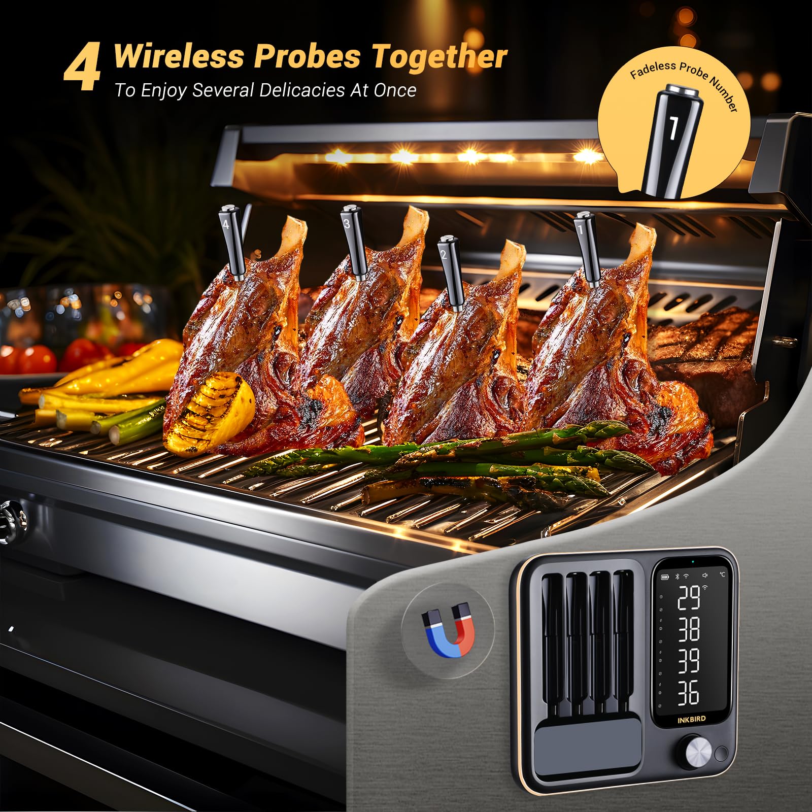 Inkbird INT-14-BW Fleischthermometer kabellos, Smart Grillthermometer WIFI 2.4G und Bluetooth 5.4 Signal 91m, Backofenthermometer Thermometer für Ofen, Grill, Smoker, Rotisserie Airfryer Ofen 3