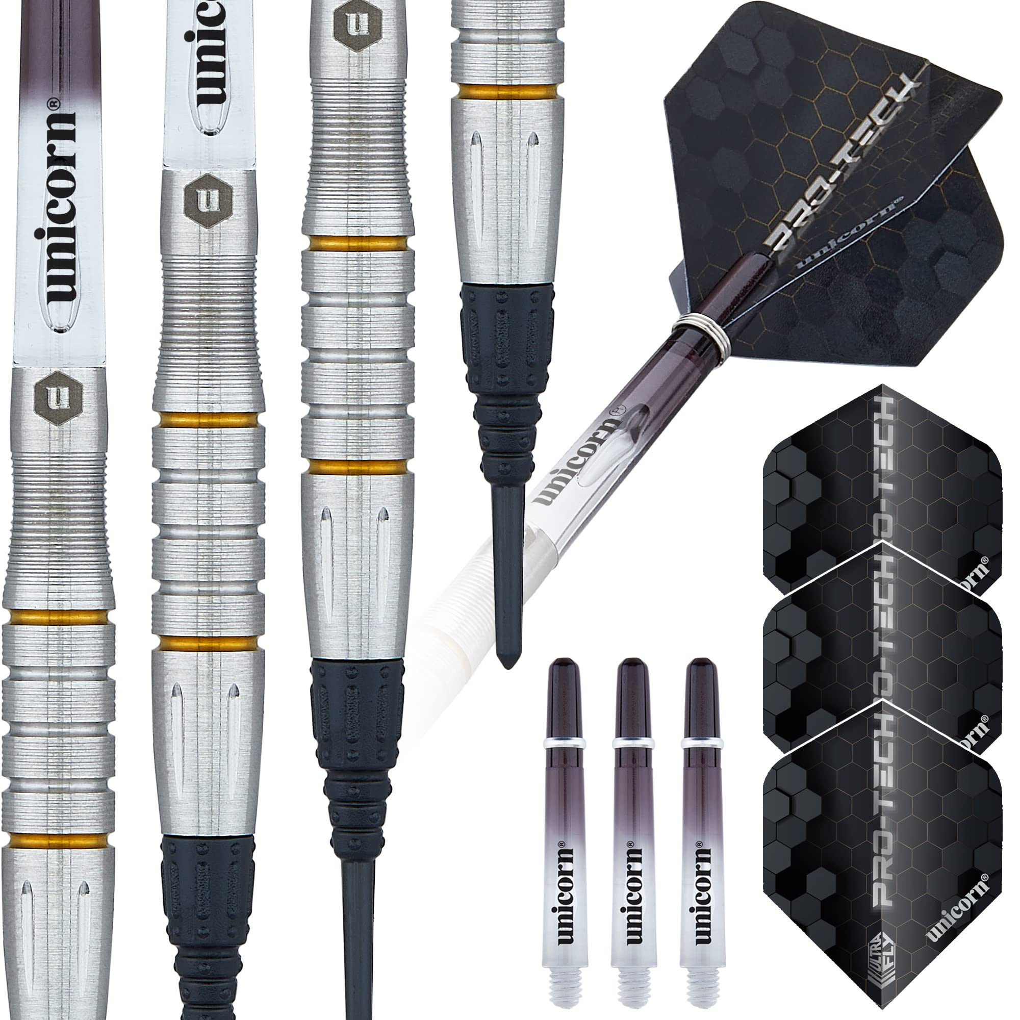 ‎Unicorn Soft Tip Professional Darts Set | Pro-Tech Style 5 | 70% Natural Tungsten Barrels with Golden Accents | Epic Tips | 18 g