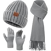 Passionbility Winter Beanie Hat Scarf Gloves Set for Women, Warm Knit Skull Cap Long Scarf Touchscreen Fleece Lined Gloves