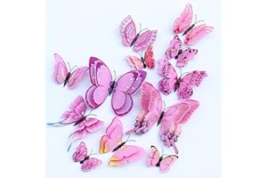 KISSYOU 12 Pcs 3D Monarch Butterfly Wall Sticker Easter Party Decor Pink Butterfly Wall Decals 4 Sizes Metal Butterfly Wall Decor Party Decoration Birthday Cake Top Butterflies Room Decor