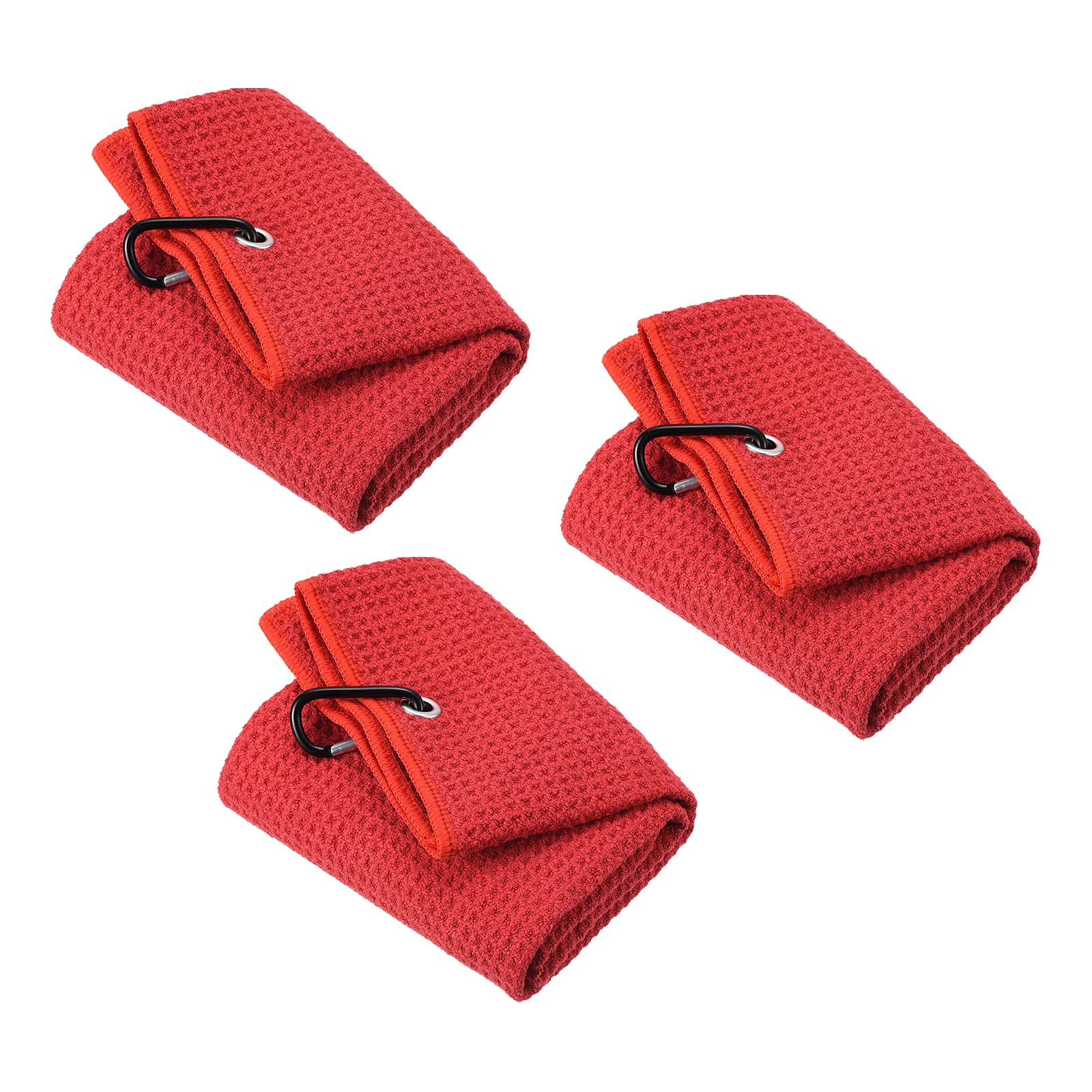 PATIKIL 20"x16" Tri-Fold Golf Towels, 3 Pack Waffle Pattern Towels Soft Fiber Strong Water Absorption with D Clip for Golf Lovers, Red