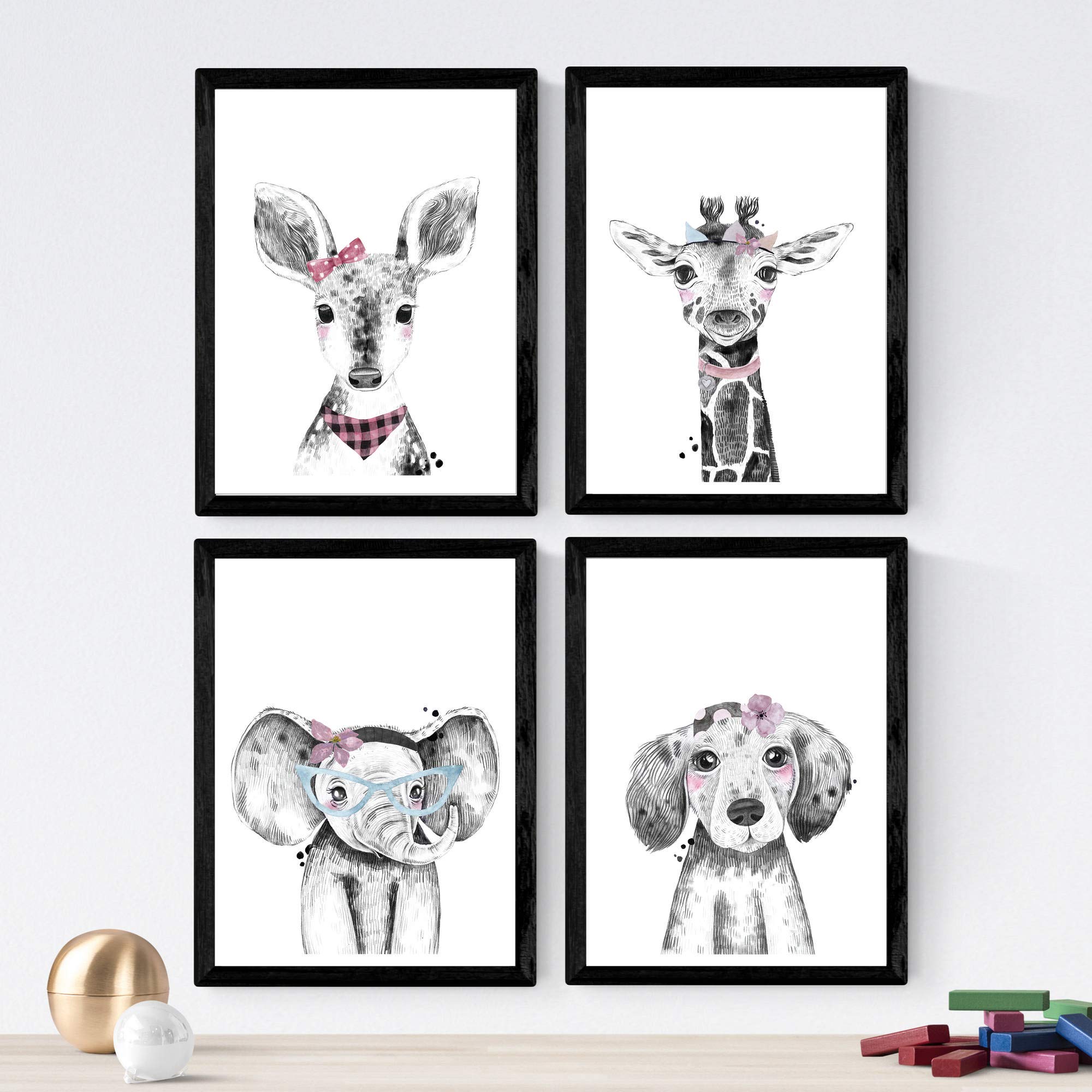 Nacnic Set of 4 prints of Animals Children With Flowers And Glasses, A3 size, Poster. Frameless