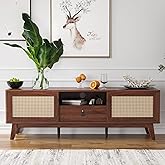 Soohow Rattan TV Stand for TVs, Wood TV Stand Mid Century Modern TV Stand TV Media Console with Drawer and 2 Cabinets, Boho Entertainment Center for Living Room