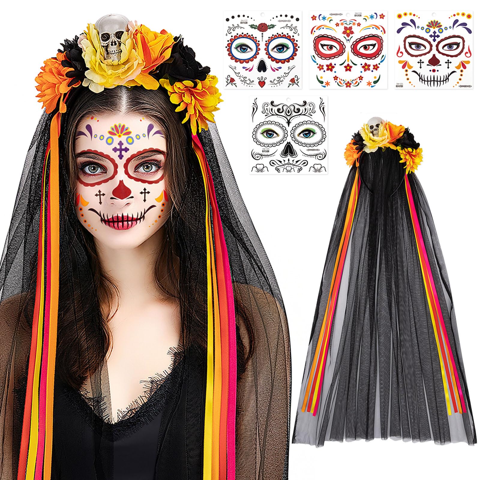 HOWAF Day Of The Dead Headband Veil Rose Floral Crown Mexican Headband, Halloween Face Tattoos Day Of The Dead Face Tattoo for Dia De Los Muertos Costume, Halloween Costume Women, C