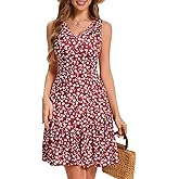 Ovokcina Summer Dresses for Women 2025- Sexy V Neck Sleeveless Floral Sundress with Pockets A Line Ruffled Hem Mini Dress