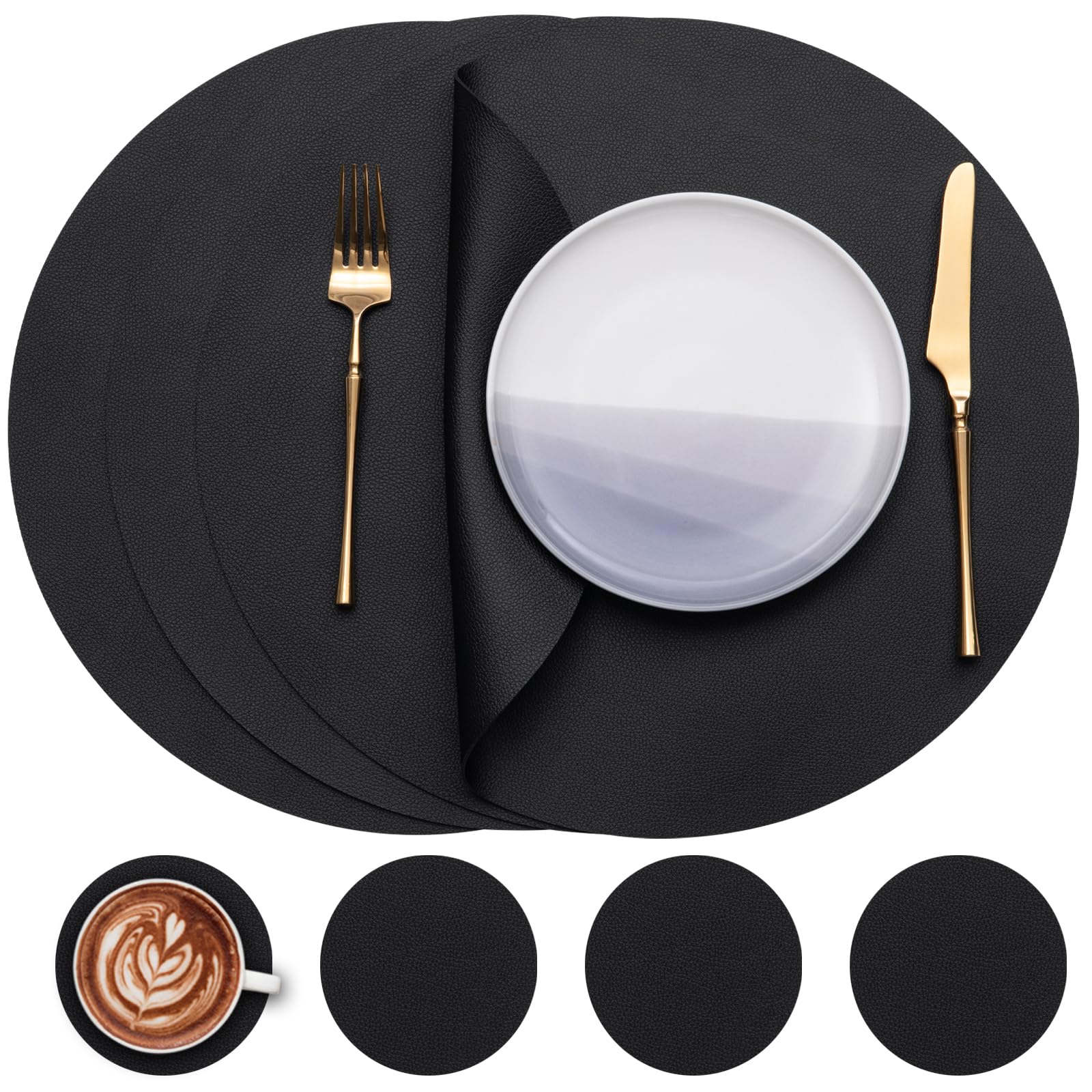 Myir JUN Round Table Placemats Set of 4 Faux Leather Place Mats and Coasters 15 inch Round Dual Sided Placemats Non-Slip Wipe Clean Stain Resistant (Black Black,Set of 4)