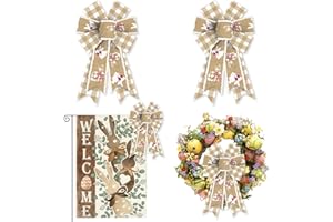 ALIBBON 2 Pcs Easter Bows for Wreaths, Easter Wreath Bows, Easter Bunny Bows for Front Door, Easter Decor, Velvet Edge Natural Buffalo Plaid Burlap Bows for Spring Wreath Indoor Outdoor Decoration
