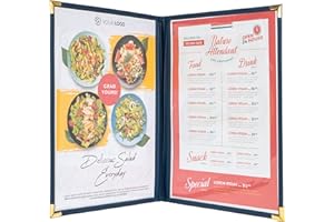 Ylittaa Menu Covers/Booklet, Double Pages, 2 Pockets, 4 View, for 8.5" x 11" Letter Size Paper, Pack of 6, Blue Edging + Gold Metal Corner, Made with Leatherette & Vinyl