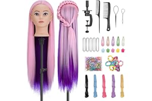 Yekavo Mannequin Head with Hair, 28" Doll Head for Hair Styling & Braiding, Hairdressing Training Doll Heads with Clamp Holder Kits for Cosmetology & Hairdresser Training (Pink Purple)