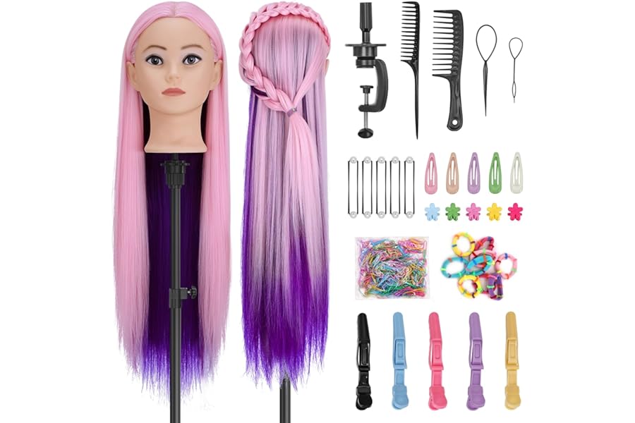 Yekavo Mannequin Head with Hair, 28″ Doll Head for Hair Styling & Braiding, Hairdressing Training Doll Heads with Clamp Holder Kits for Cosmetology & Hairdresser Training (Pink Purple)