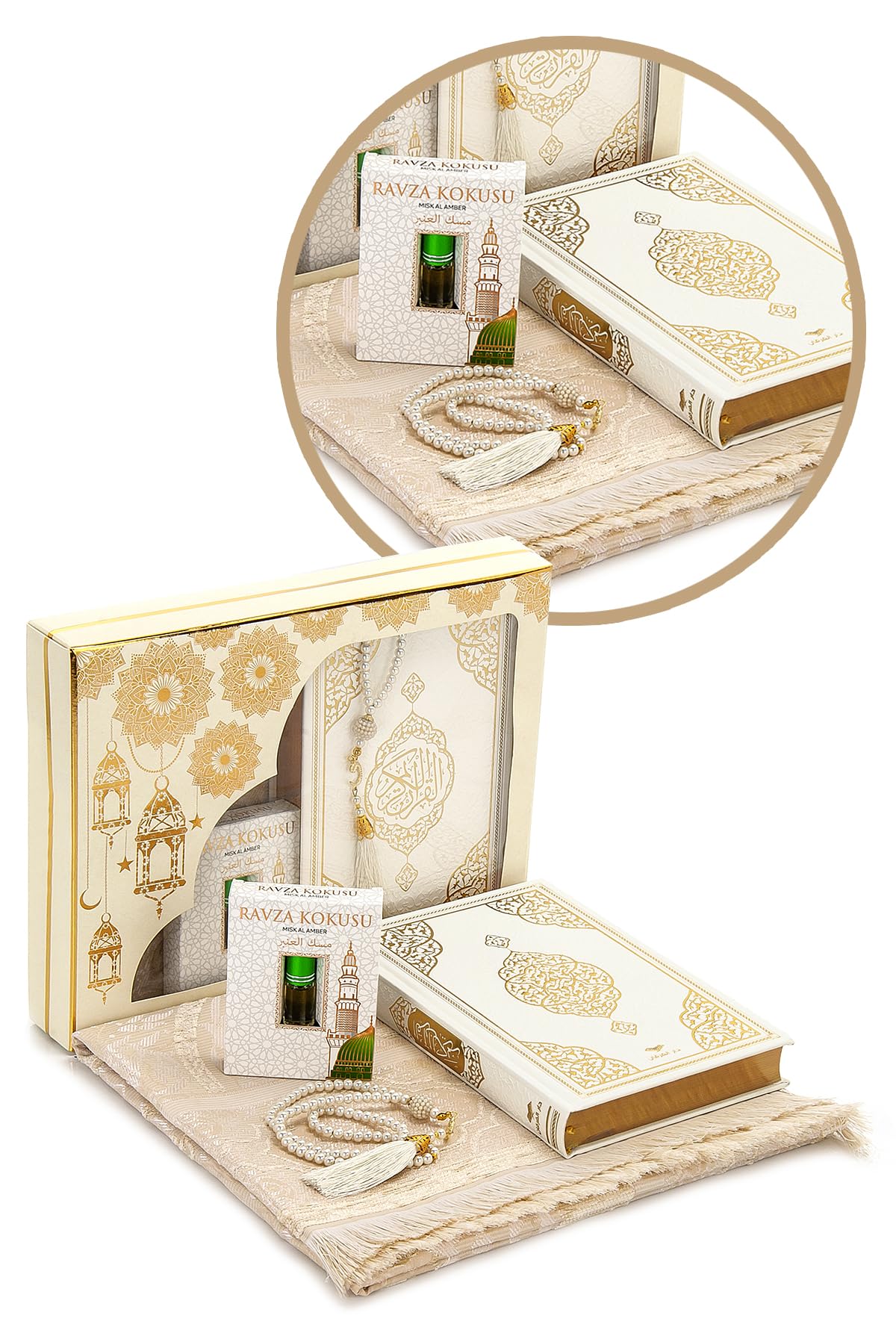 ihvan online, Islamic Prayer Gift Set, 99 Pearly Prayer Beads Tesbih, Holy Quran, Muslim Prayers Rug, Prayers Matt Islam, Ravza, Islamic Luxury Gifts Set for Hajj, Umrah, Ramadan, Eid, White/Box 2