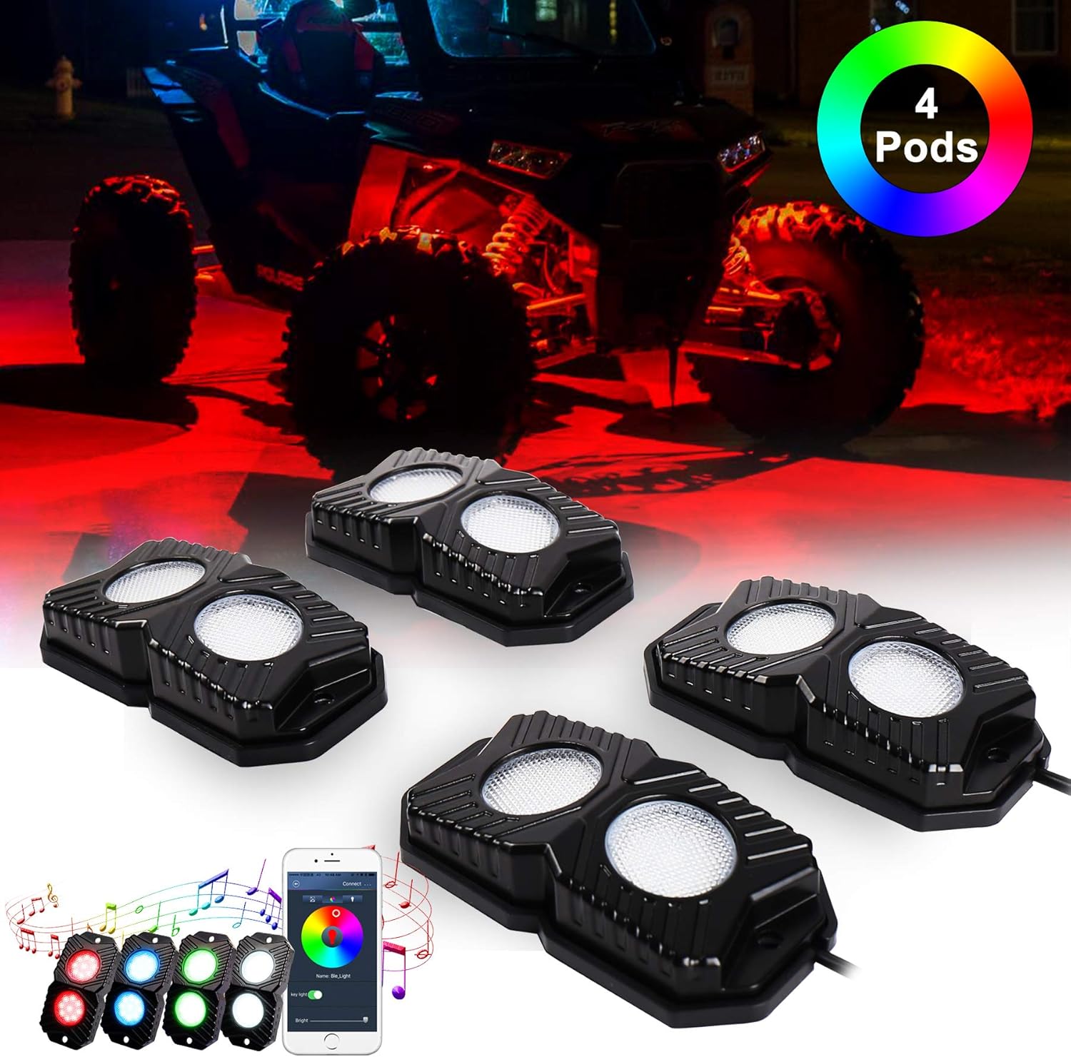LBRST Multicolor RGB LED Rock Lights 4 Pods Led Rock Lights with Bluetooth Controller Timing