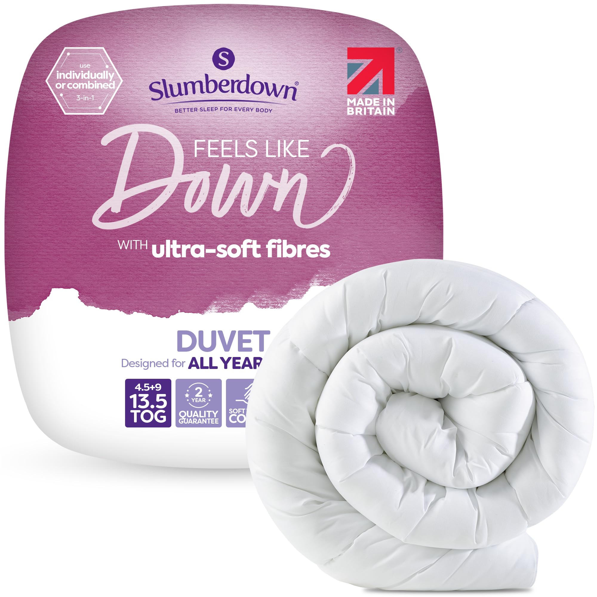 Slumberdown Feels Like Down 3-in-1 Single Duvet 13.5 Tog - 4.5 + 9 Tog Combi Quilt for All-Year Round Comfort | UK-Made, Ultra Soft, Non-Allergenic & Washable (135 x 200cm)