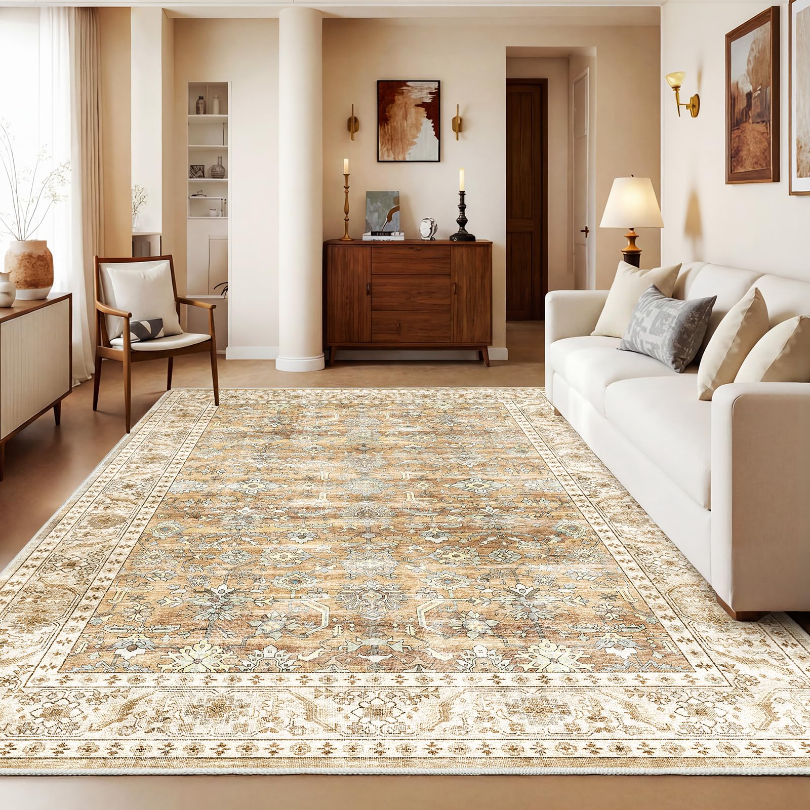 HOMFINE Vintage Washable Rugs for Living Room - 120x170cm Beige Brown Area Rug for Bedroom Living Room Traditional Printed Design, Low Pile, Non-Slip, Non-Shedding