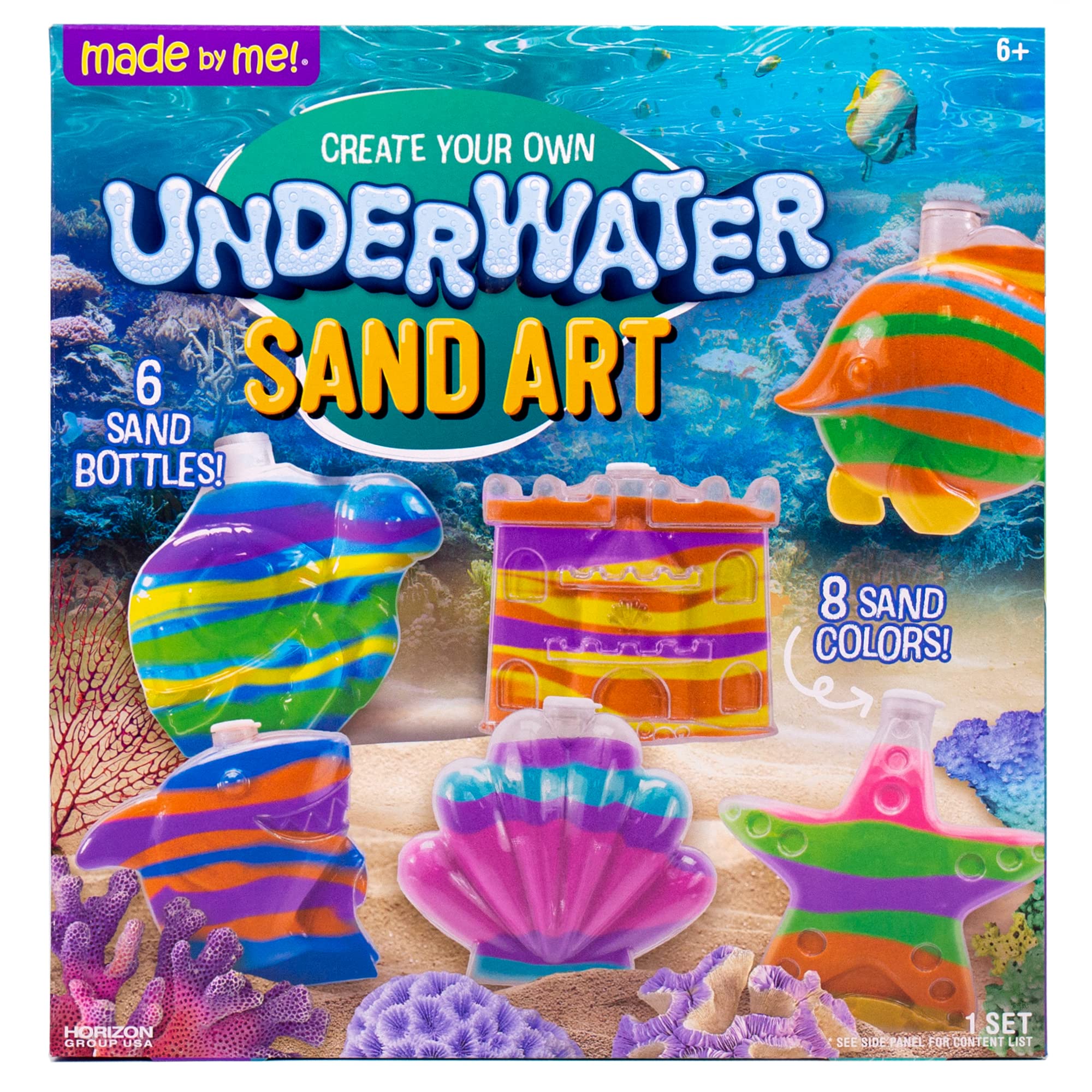 Made By Me Create Your Own Underwater Sand Art, Includes 6 Ocean-Themed Bottles, 8 Sand Colors, Glitter, & Funnel, Great Staycation or Group Activity, Party Idea, DIY Sand Art For Kids Ages 6, 7, 8, 9