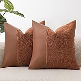 SINYASAN Set of 2 Fluffy Boucle Pillow Covers 20"x20", Rust Red Textured Throw Pillow Covers with Faux Leather Accents, Boho Decorative Pillow Cases for Couch, Bed, or Farmhouse Home Decor