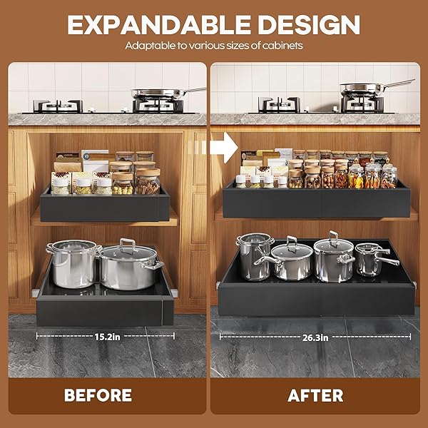 SEINLOES 4 PACK EXPANDABLE WIDTH (15.15″-26.3″) PULL OUT CABINET ORGANIZER 21″ DEEP WITH RAISING PAD FOR FRAMED CABINETS, UPGRADE 3 SLIDE RAILS SLIDE OUT DRAWERS, ROLL OUT SHELVES ADHESIVE, BLACK