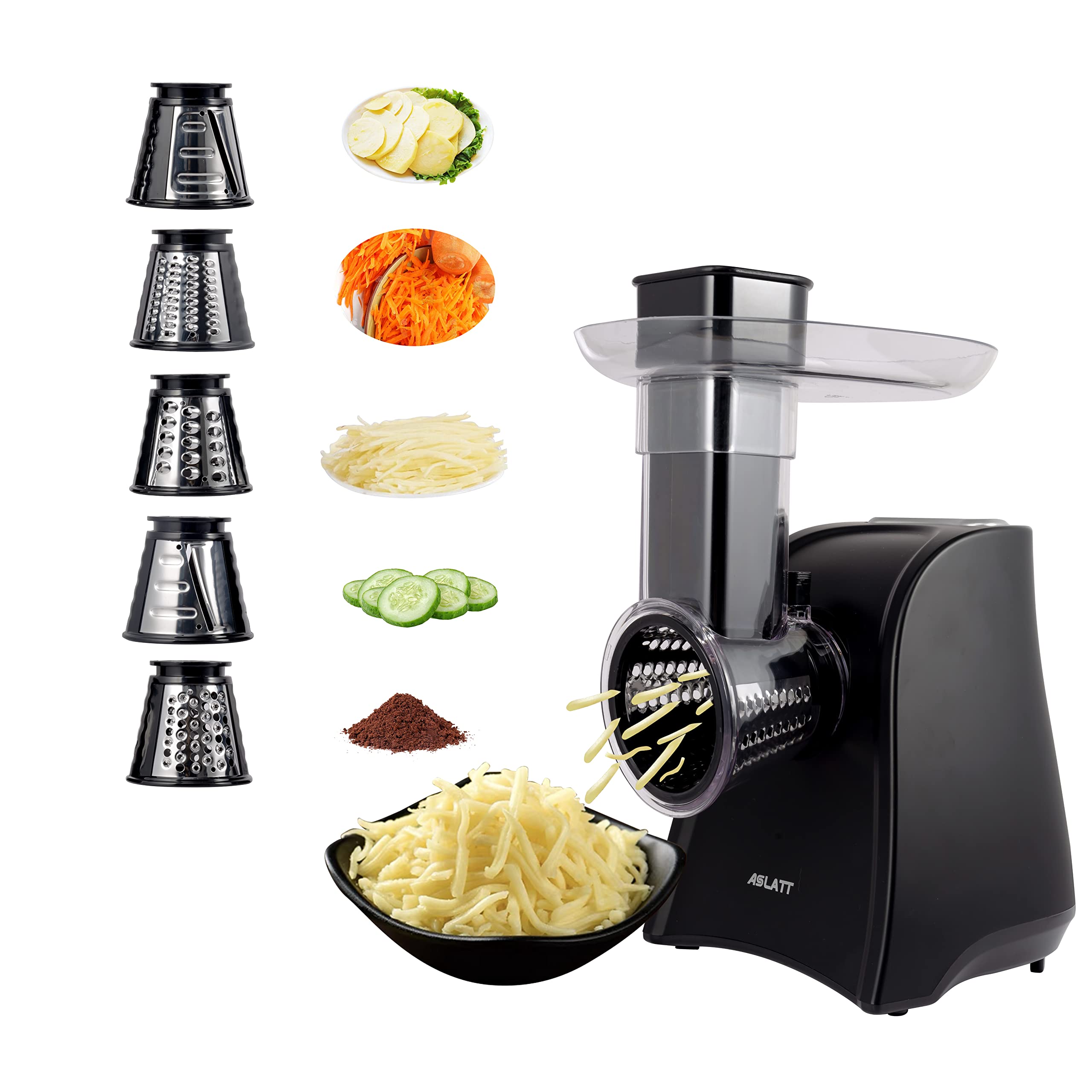 Photo 1 of ASLATT Electric Slicer, Electric Cheese Grater for Home Kitchen Use, One-Touch Control Cheese Shredder, Salad Maker Machine for Fruits, Vegetables, Cheese Grater with 5 Attachments
