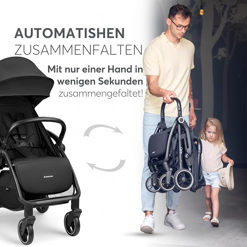 KikkaBoo Buggy Kinderwagen Reisebuggy CIELA, Bis 22 kg, Leicht (7,1 kg), One-Hand-Faltbar, Atmungsaktiv & Wasserabweisend, Inkl. Regenschutz, Schwarz