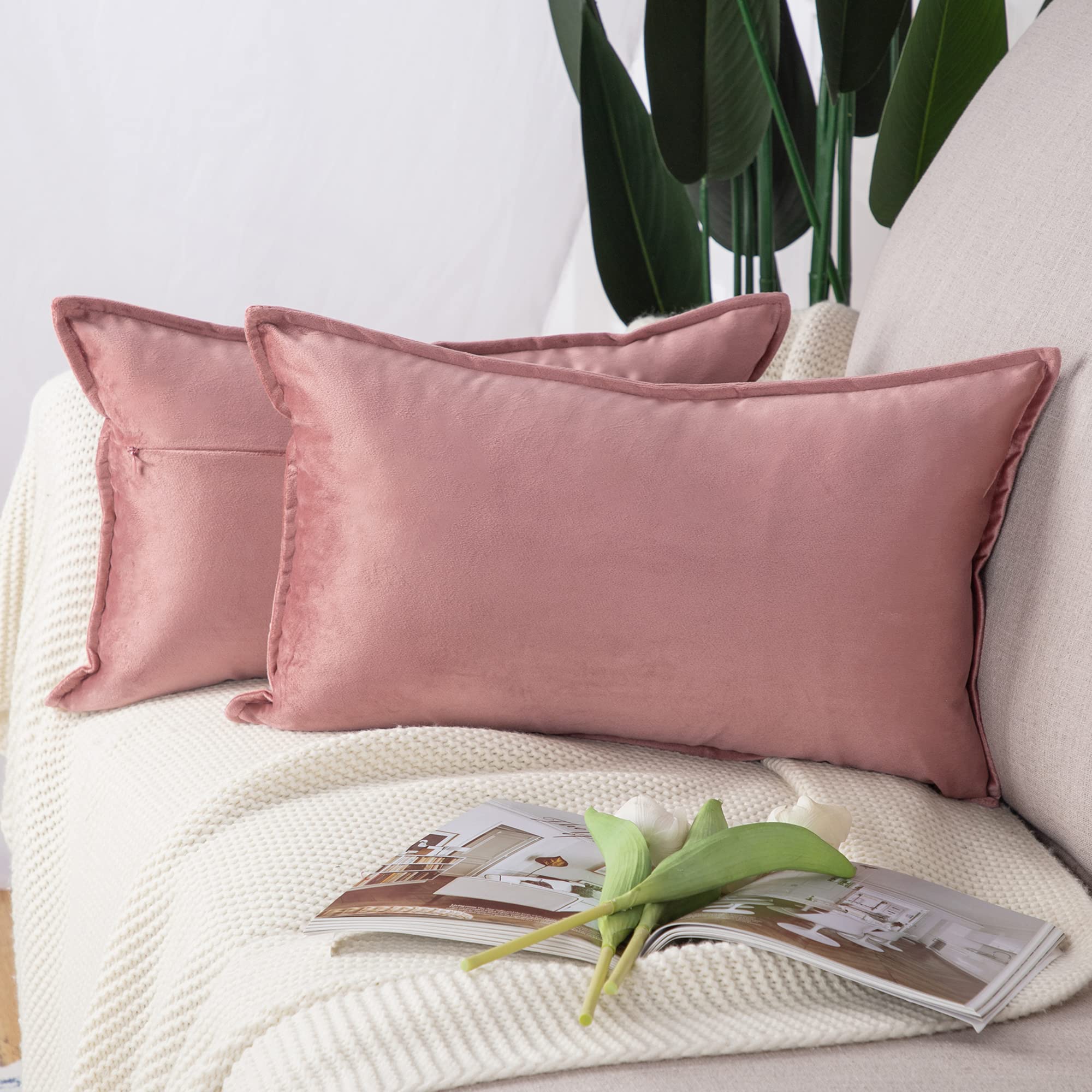Madizz Pack of 2 Super Soft Velvet Decorative Cushion Covers with Fringe Luxury Style Cushion Case Pillow Shell for Sofa Bedroom Pink 12x20 inch, 30x50 cm Rectangular