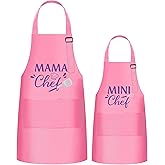 GROBRO7 2Pcs Kids Adult Apron Set Gift, Mama and Mini Chef Pattern Adjustable Strap Kitchen Family Aprons with 2 Pockets, Waterproof Pink Smocks for Baking Cooking Gardening