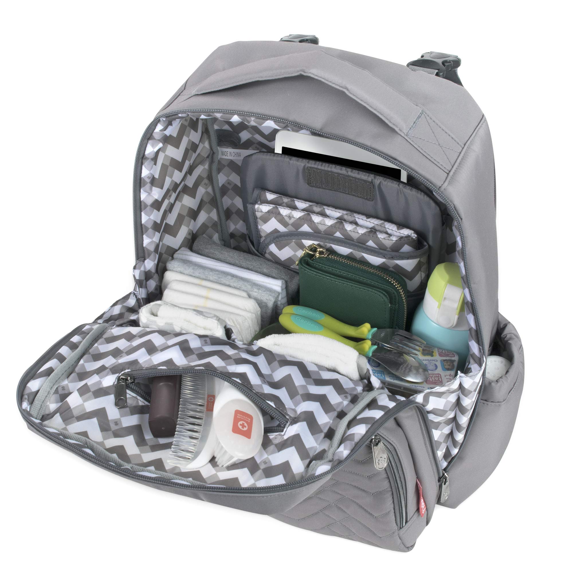 FISHER-PRICE BABY Baby Essentials Fisher-Price Signature Morgan Quilted Backpack Diaper Bag with Changing Pad, Stroller Clips, Laptop Compartment (Gray)