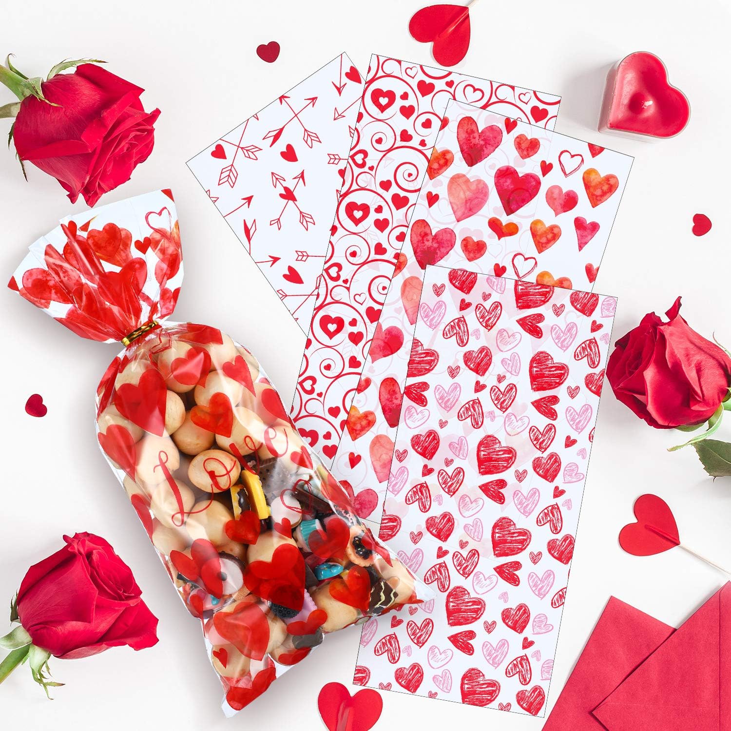 Blulu 100 Pack Valentines Party Treat Bags Plastic Valentines Cellophane Candy Bags Red Valentine's Day Cookie Bags 4 Styles Valentine Gift Bags with 200 Pieces Twist Ties for Valentine Party Supplies - Image 5