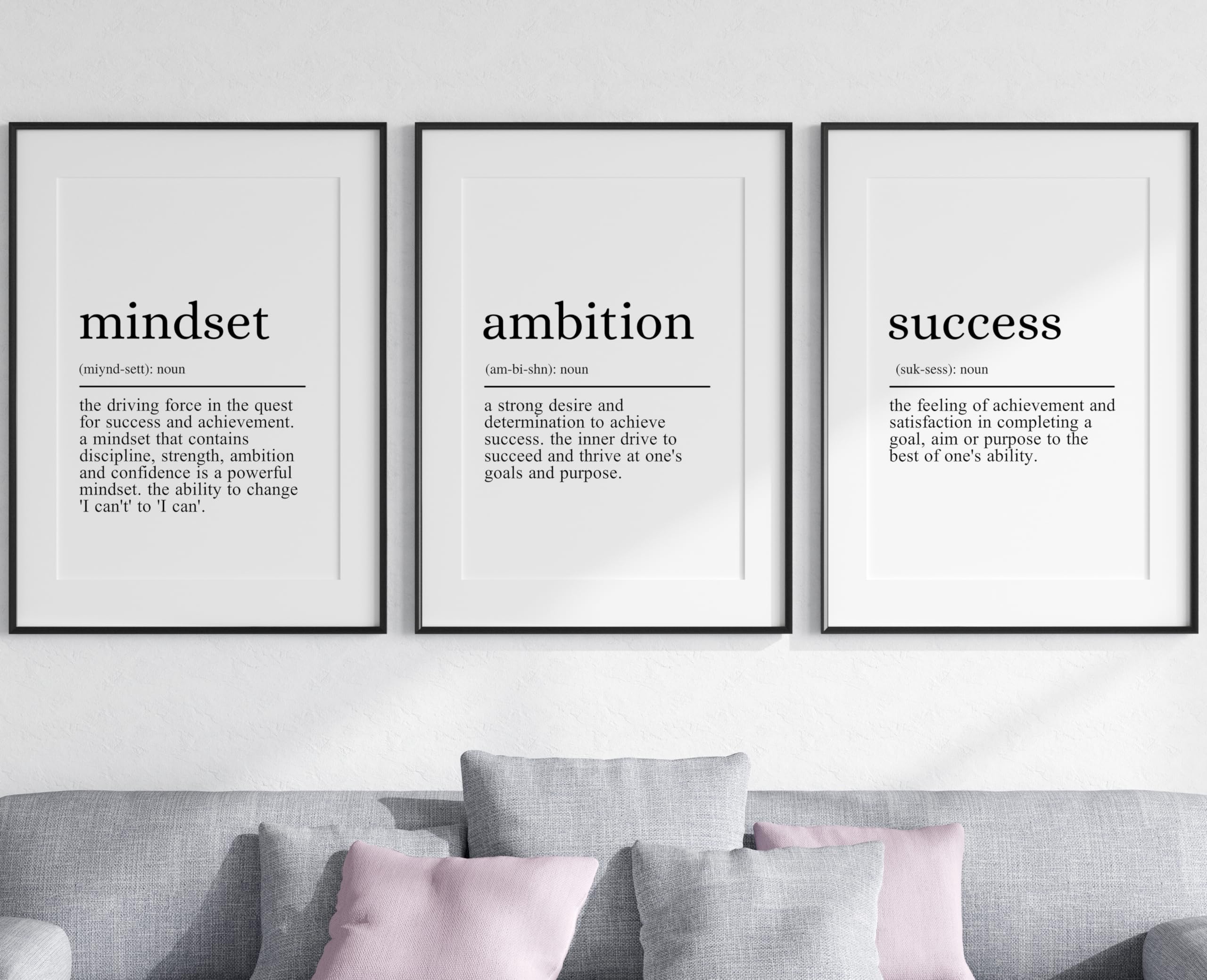Mindset Ambition Success Quotes set of 3 Unframed Prints, Home Decor, Positive Definition Wall Art, Typography Print, Inspirational Wall Art, Living Room, Kitchen, Bathroom, Bedroom (A3) — image 1