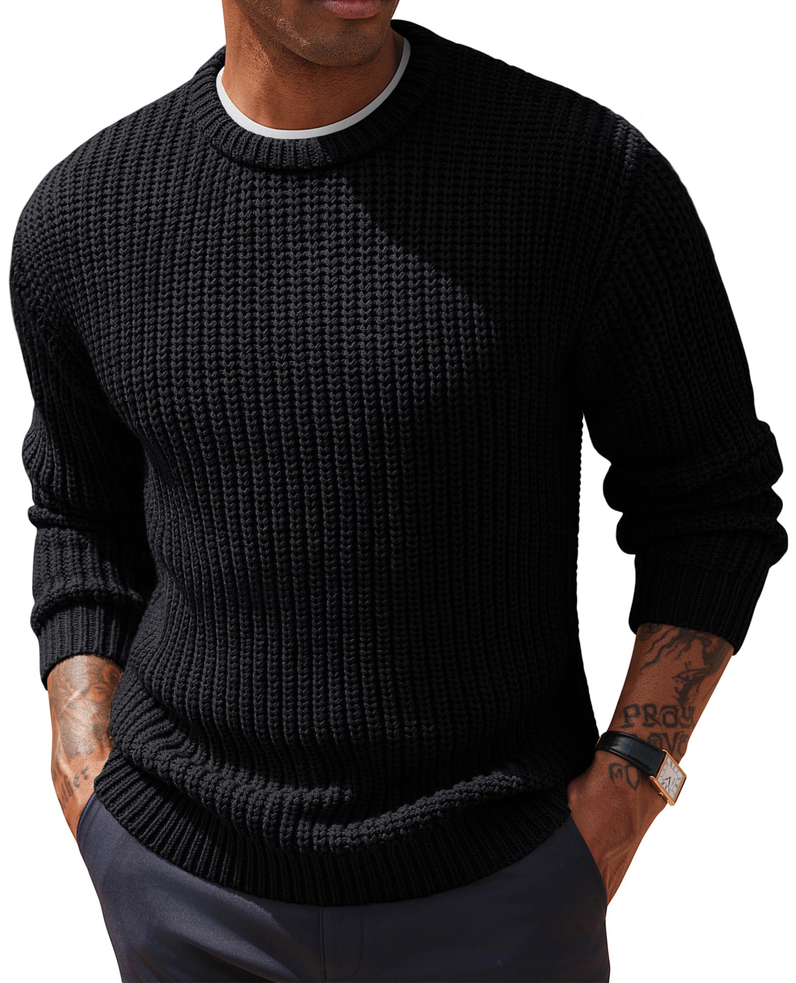 Photo 1 of PJ PAUL JONES Mens Casual Knitted Pullover Crewneck Textured Black Sweaters for Dating Vacation M