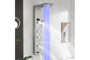 DELAVIN LED Shower Panel Stainless Steel Shower Tower with Temperature Display, 5-Function Shower Panel Tower System with Rainfall Waterfall Massage Body Jets Tub Spout Handheld Shower, Brushed Nickel
