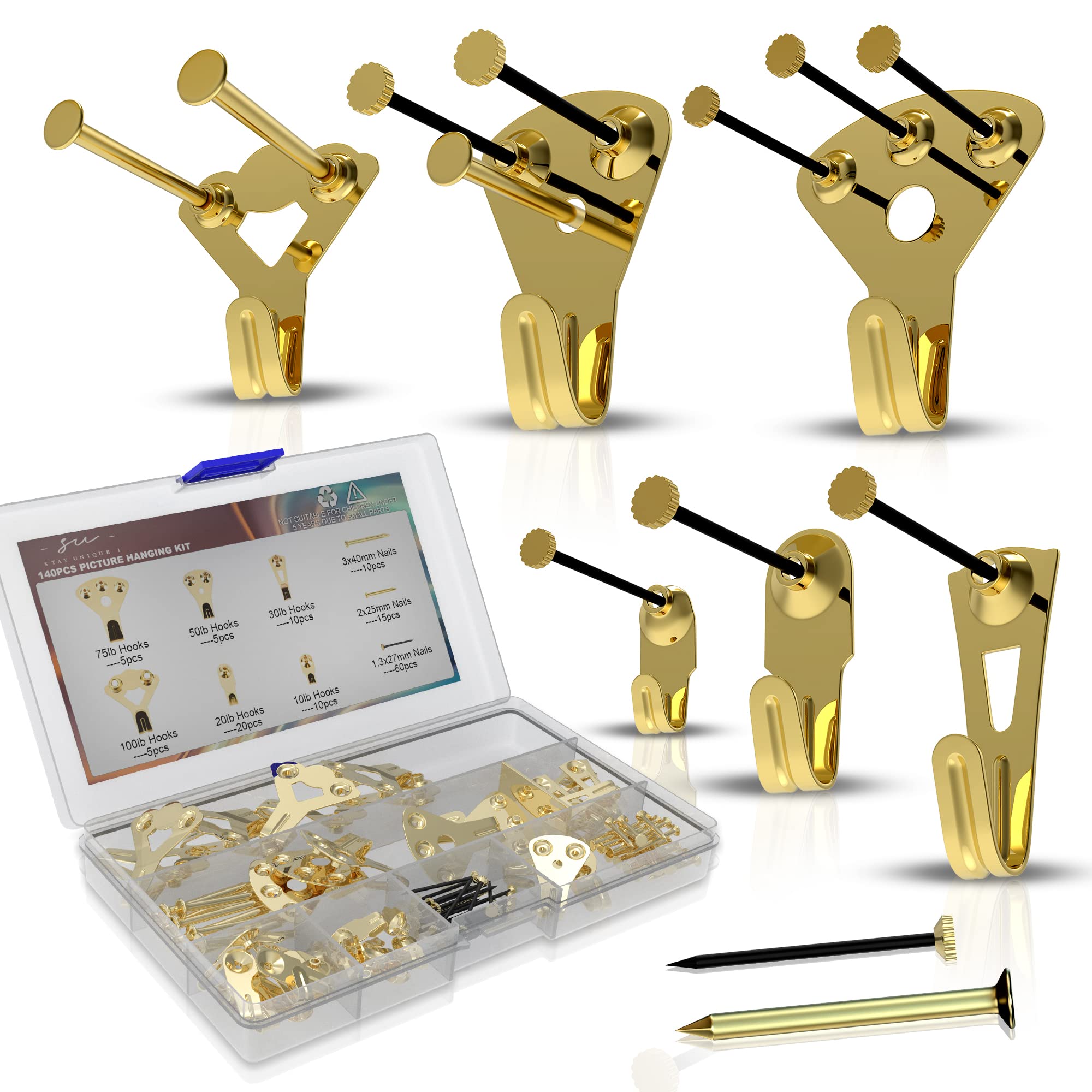 StayUnique1- 140PCs Picture Hooks- Rustproof Extra Heavy Picture Hanging Kit, Hard Wall Picture Hook Durable & Unbendable Comes with 100LB, 75LB, 50LB, 30LB, 20LB & 10LB Hooks & Nails — image 1