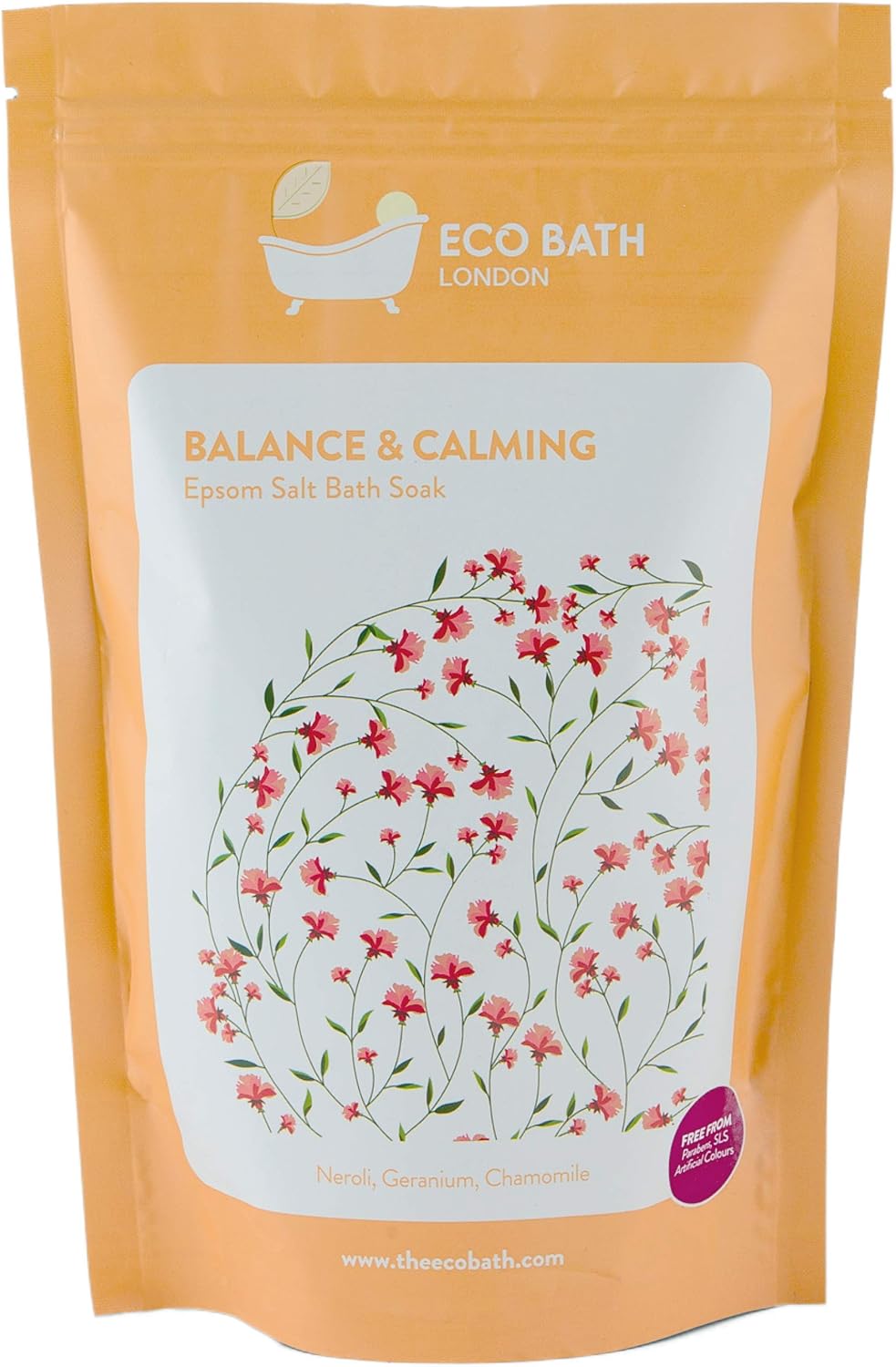 Eco Bath London Balance and Calming Epsom Salt Bath Soak, Pouch 1kg, Magnesium Bath Salt Infused with Neroli, Geranium
