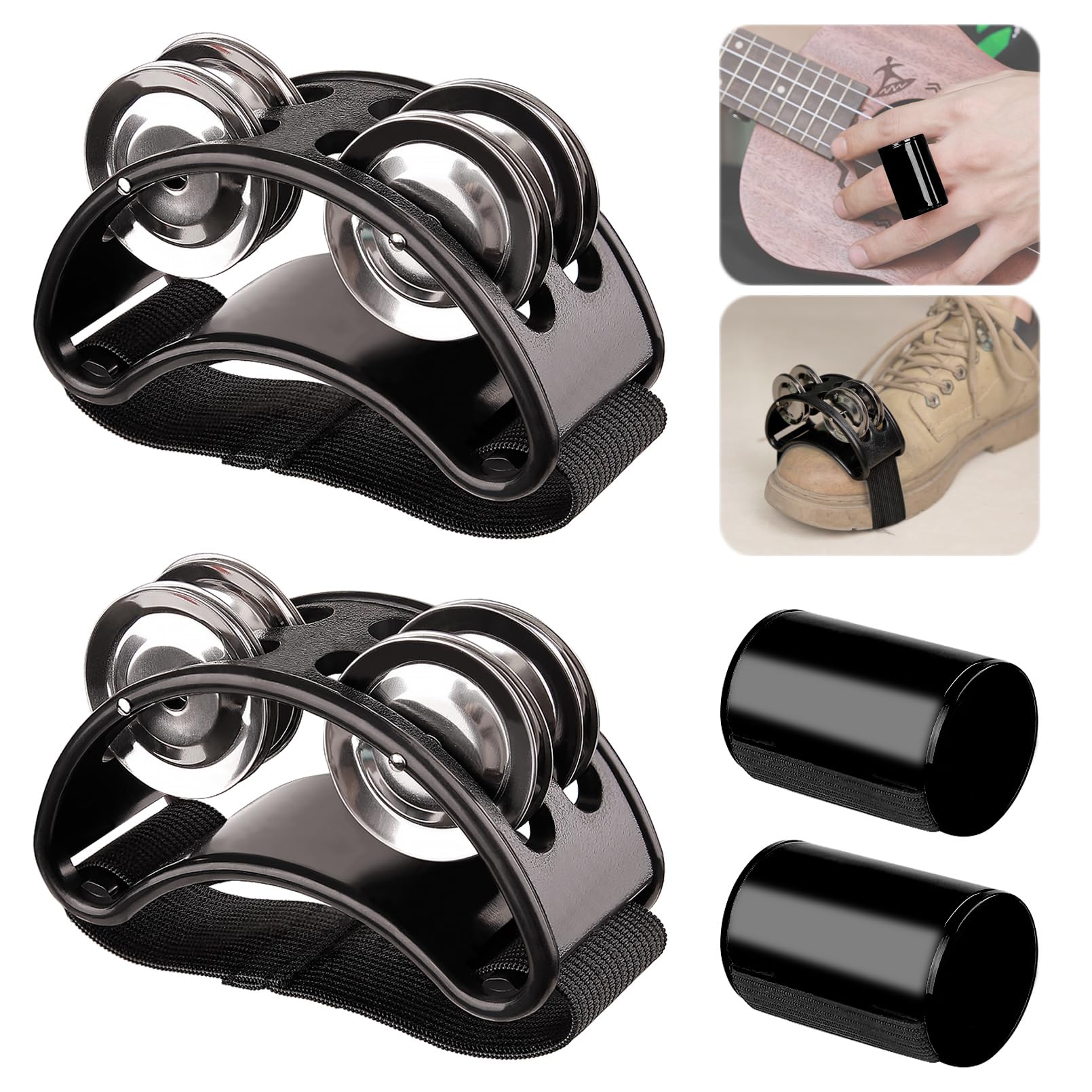 Rigych 2 Set Foot Tambourine Shaker & Black Rhythm Finger Shaker with Elastic Strap, Percussion Musical Instrument Set for Ukulele Guitar Drum Mandolin Banjo Playing