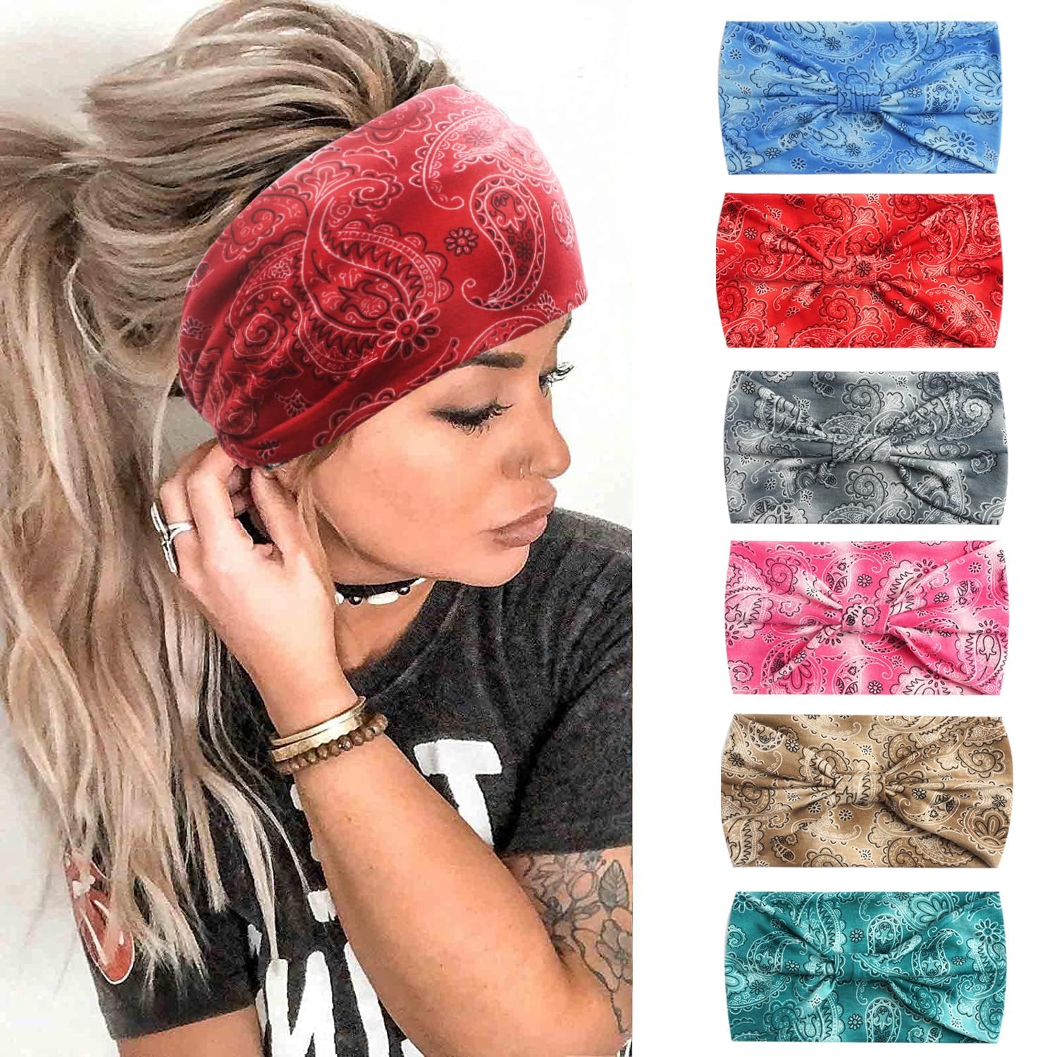 6PCS Headbands for Women Wide Boho Head Scarfs Non Slip Bandanas Hairbands Elastic Hair Accessories Knotted Turbans Head Wrap Adult (NewCashew) — image 1