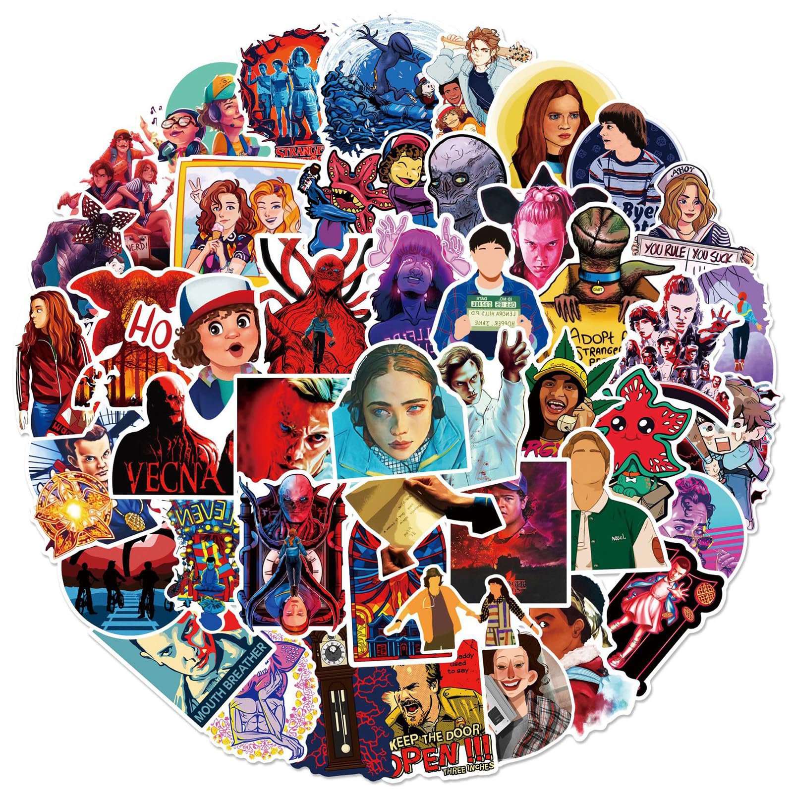 50pcs Stranger Movie Things Stickers for Kids Water Bottle, Cool Terror Cartoon Waterproof Vinyl Stickers for Teen Girl Adult Laptop Skateboard Bike Guitar Laggage Bicycle Travel Case Notebook