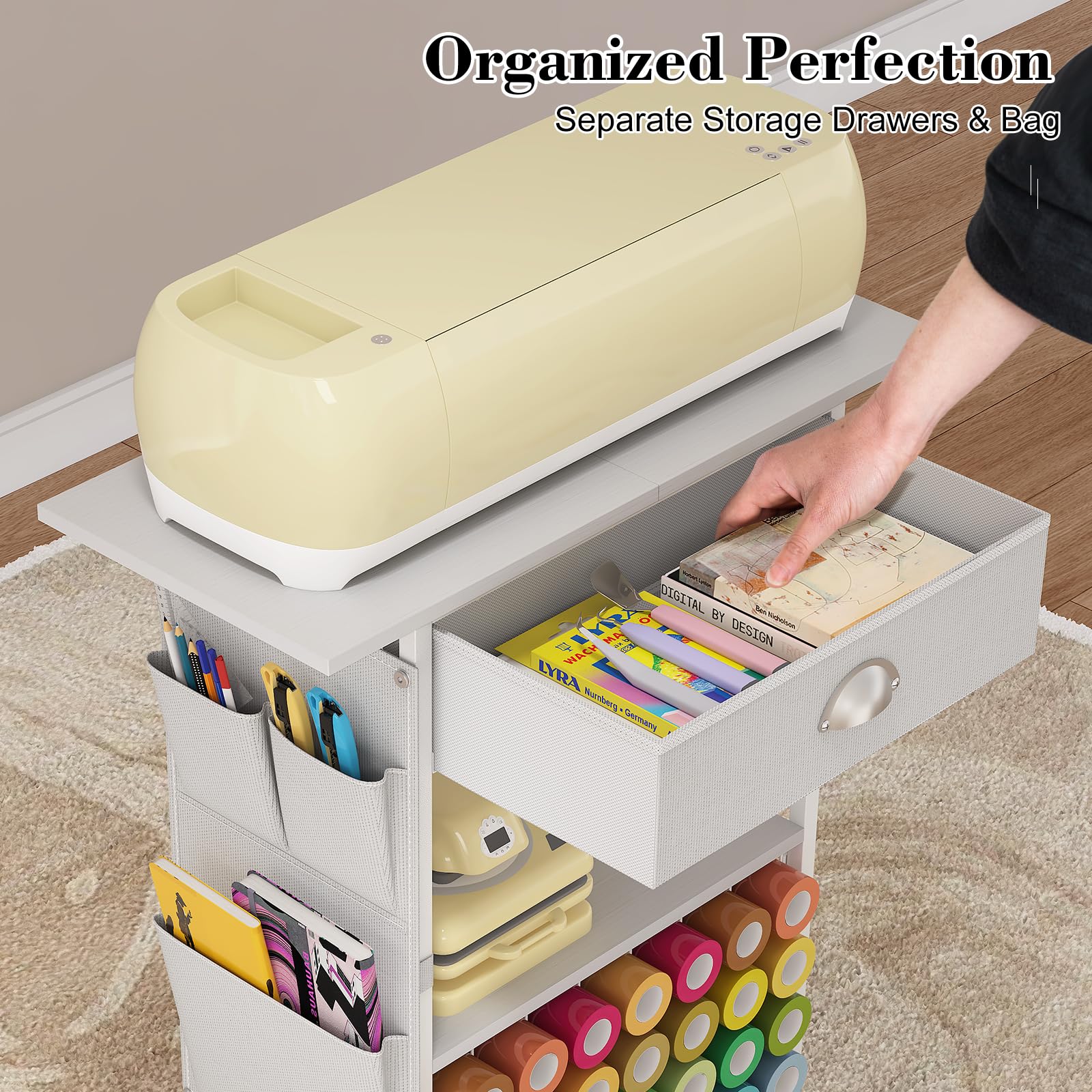 Craft Organizers Table and Storage Cart: Organizing Cutting Accessories and Machine with 35 Vinyl Roll Holders, Crafting Heat Press Stand with Drawers and Hooks, White