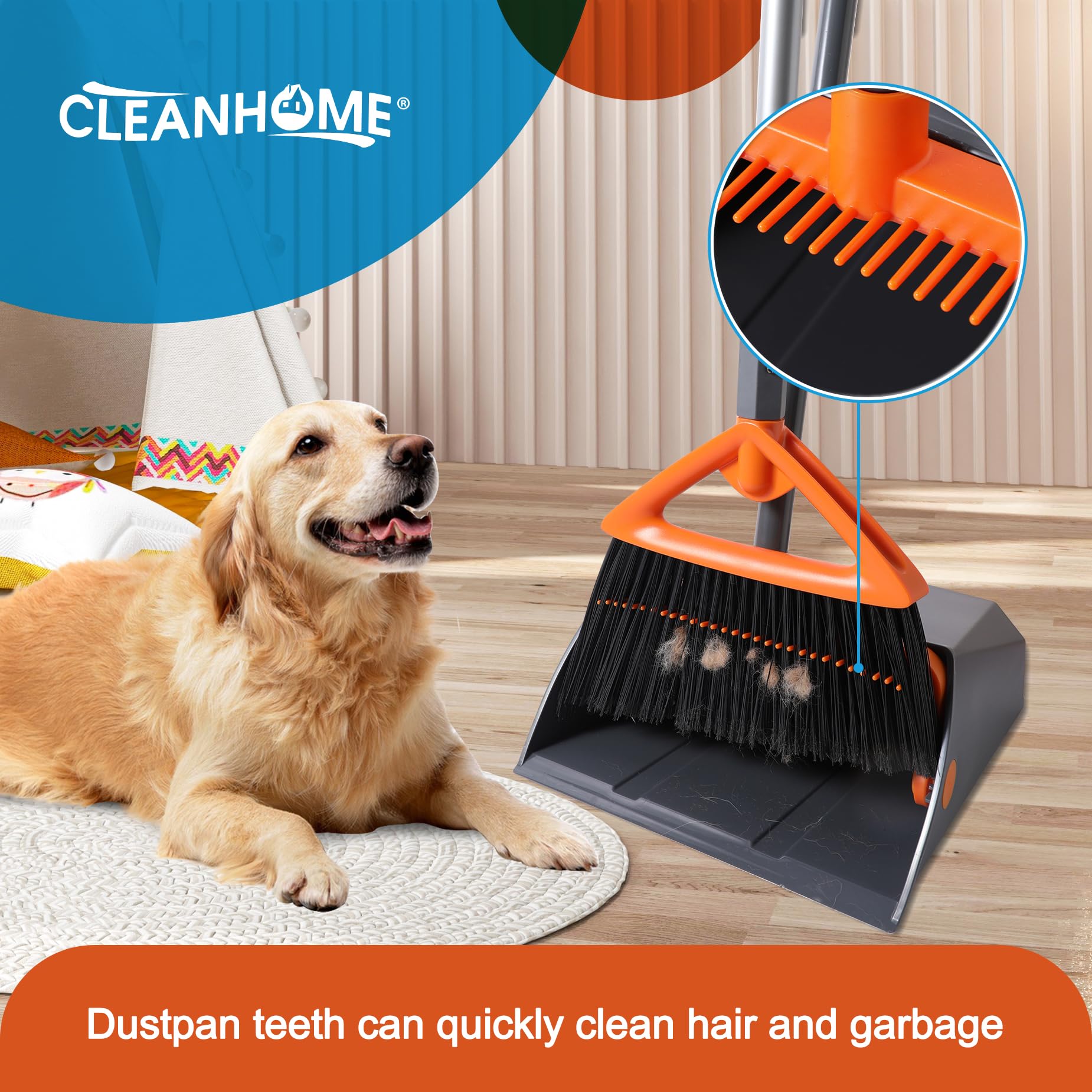 Commercial Broom and Dustpan Set with Long Handle, Outdoor Heavy Duty Broom and Dustpan for Rubbish Leaves Dog Pooper Scooper, Widely used in Courtyards, Garden, Gym,Hotels, Restaurants,Grey