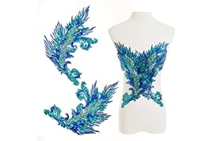Silvora Pair Embroidery Phoenix Costume Sequin Appliques Patches, Peacock Feather Tail Applique Embellishments for Dance Dresses,Clothes,T-Shirt，Neckline Bodice Pants (Blue)