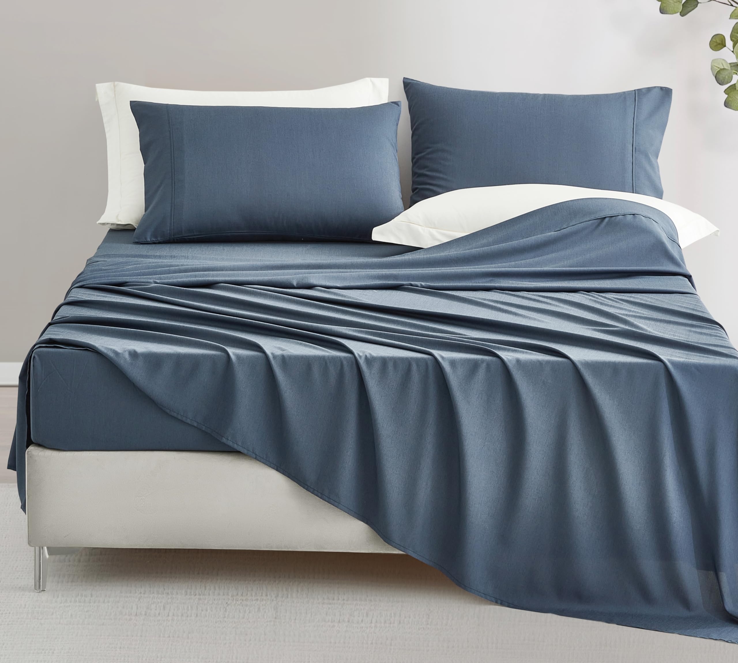 Photo 1 of Chezmoi Collection 4-Piece Stone Washed Full Sheet Set - Rayon Derived from Bamboo & Polyester Blended, Breathable & Cooling 15-Inches Deep Pocket Sheets & Pillowcases Set, Steel Blue