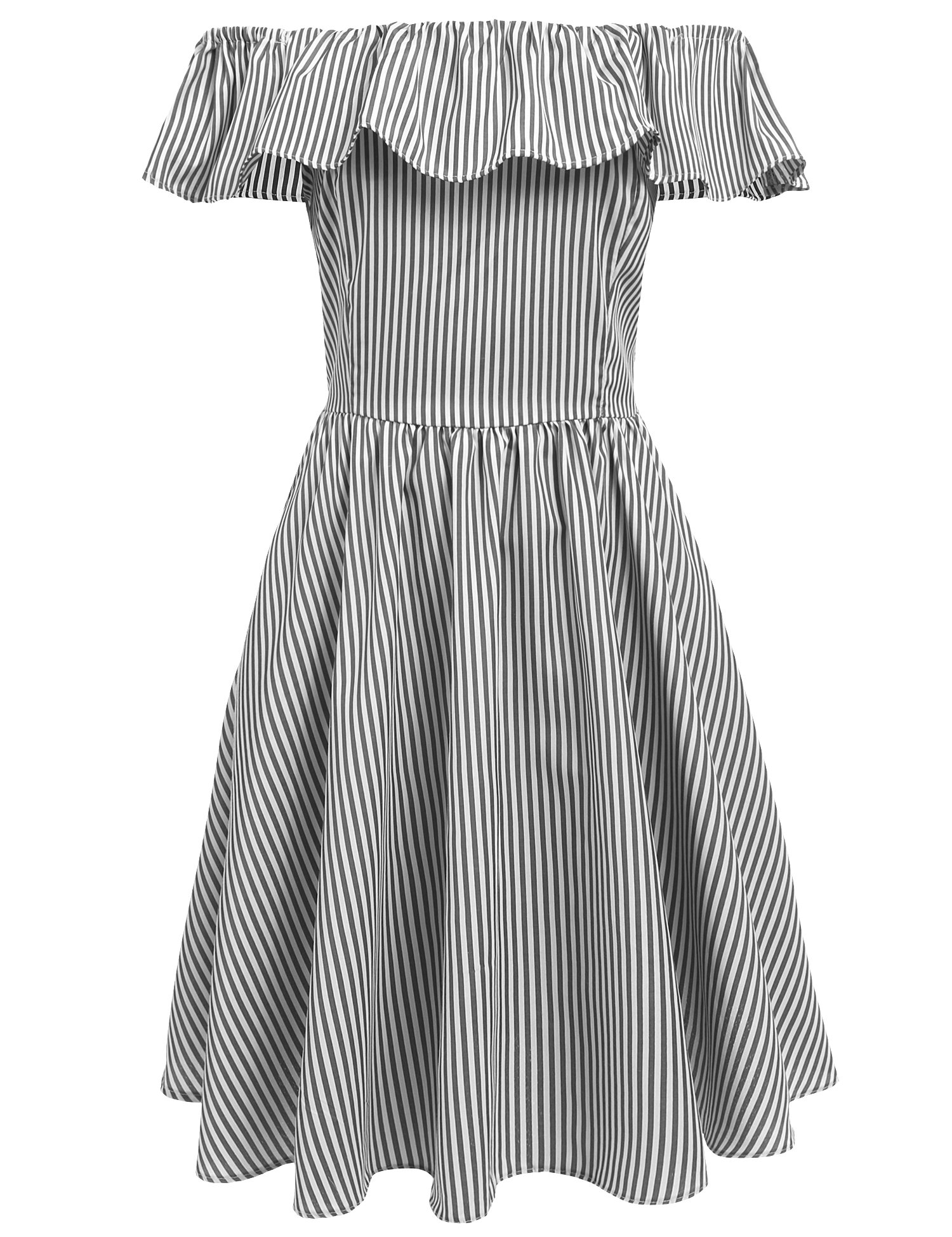 Meaneor Women\'s Casual Backless Off Shoulder Ruffle Striped Pleated Dress