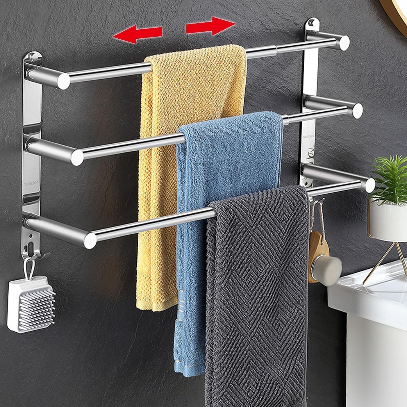 towel Silver rail - Extendable 43-78 cm 3-Layer Stainless Steel Towel Rail with 2 Hooks for Bathroom Kitchen