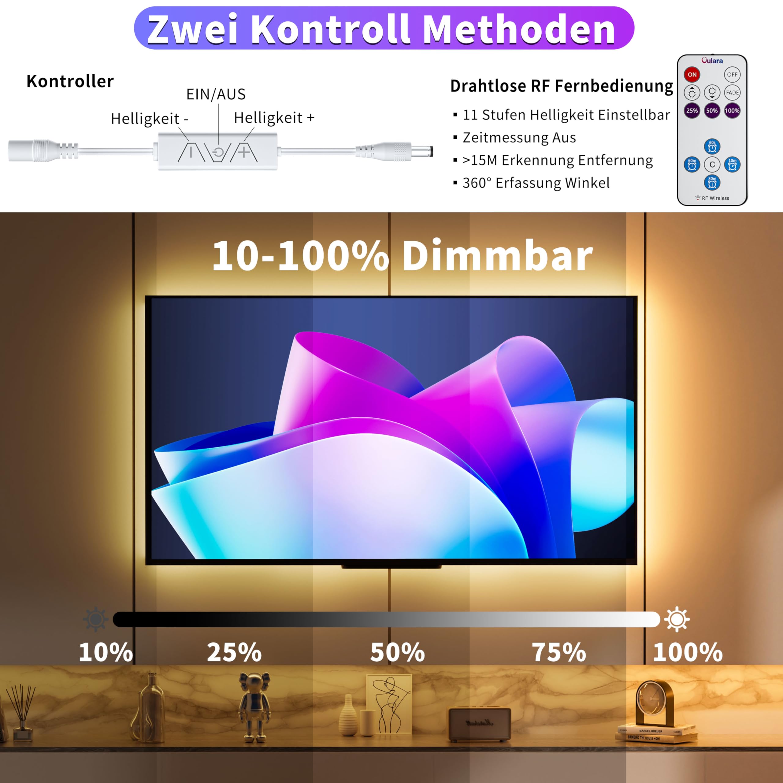 OULARA LED Streifen Strip 10M 2700K,Dimmbar Warmweiss 24V LED Band set mit RF Fernbedienung und Netzteil,CRI90+ Hell Unterbauleuchte für Home DIY Dekoration,Timerfunktion 2