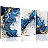 ZQARTZZQ 3 Piece Framed Wall Art Abstract Wall Decor Navy Blue and Gold Pictures Marble Foil Canvas Art Modern Minimalism Paintings Artwork For Living Room Bedroom Office 12x16in
