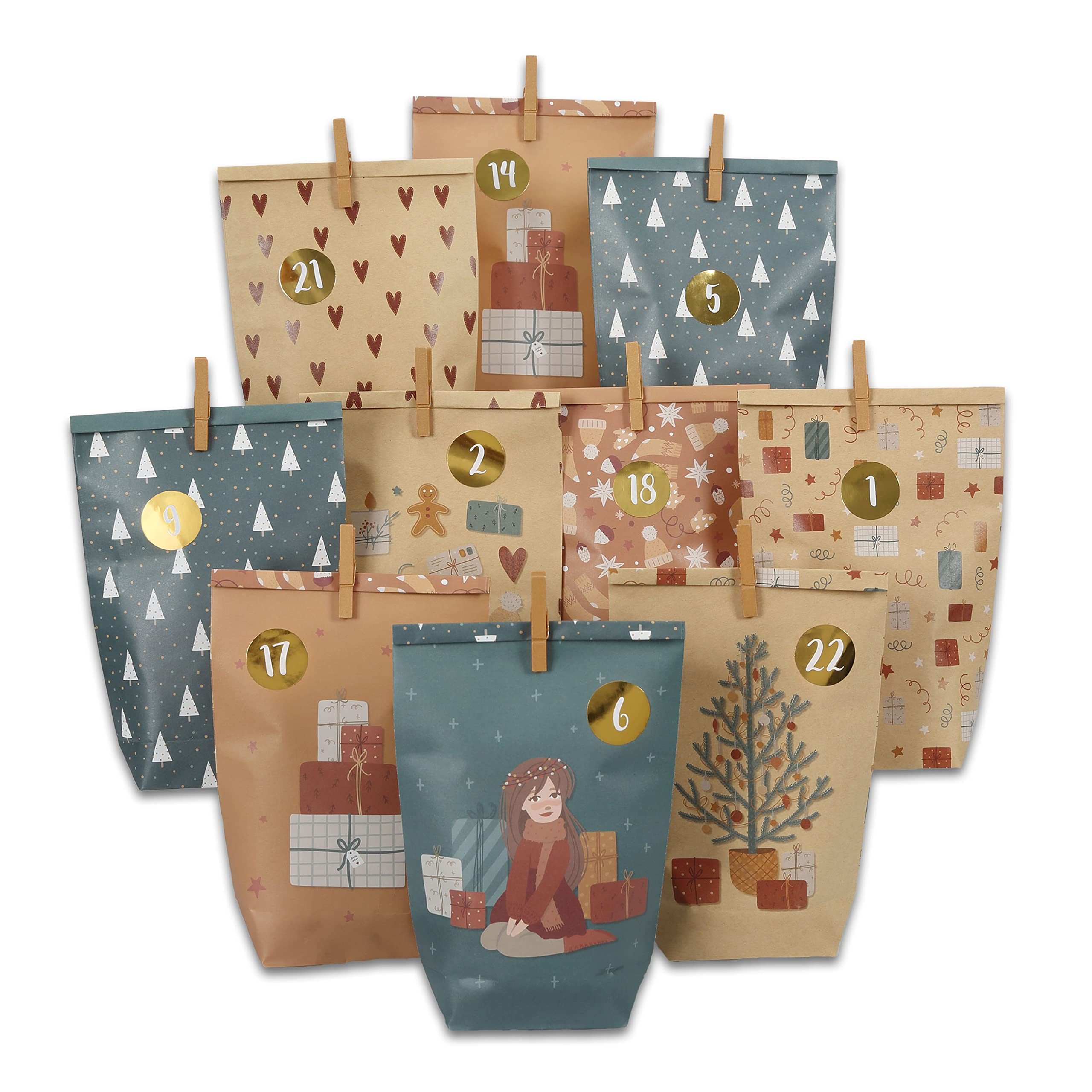 Papierdrachen Advent Calendar to Fill - 24 Brown and Petrol Printed Gift Bags and 24 Number Stickers and Clips - Petrol Motif - for Crafts and Gifts - Christmas
